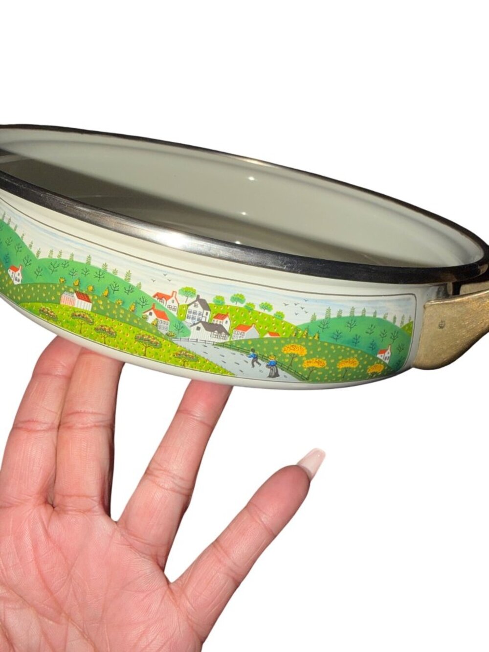 Newcor Regency Enamelware Oval Baking Dish With Handles & Scenic Village Design
